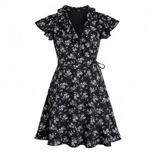 Willow & Clay XS Black Floral Wrap Dress Ruffle Neck Short Sleeve Boho Mini