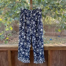 C&C California Women's Blue And White Beach Print 100% Linen Pants Size L