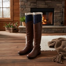 Women Boots Cover Topper Pair Blue Fabric Slip Ons Warmer Knit Crochet