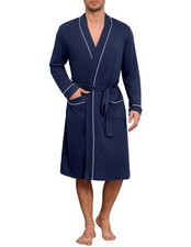 Mens Lightweight Knit V Neck Knee Length Kimono Robe w/Pockets XLarge Navy Blue
