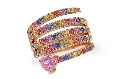 Ring 18kt Gold Spirale Regenbogen Multicolor Saphire & Herz