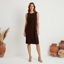Elegant Knee Length Dress Brown Viscose Shift Round Neck Sleeveless One L