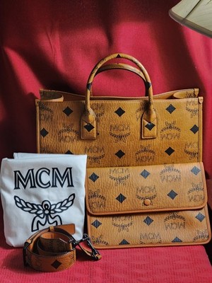 MCM Visetos Monogram Brown Satchel Top Handle Zip Detachable Strap Pockets.