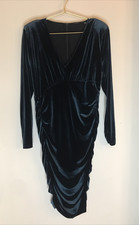 Elie Tahari Blue Velvet Ruched Sheath Dress Large V-Neck Holiday Party