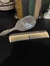 vintage silver-plated Ornate vanity brush and comb set 1800s-1900s Great Cond.