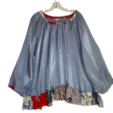 John Mark Top Blouse 3X Blue Metallic Patchwork Round Neck Flowing Ruffled Boho