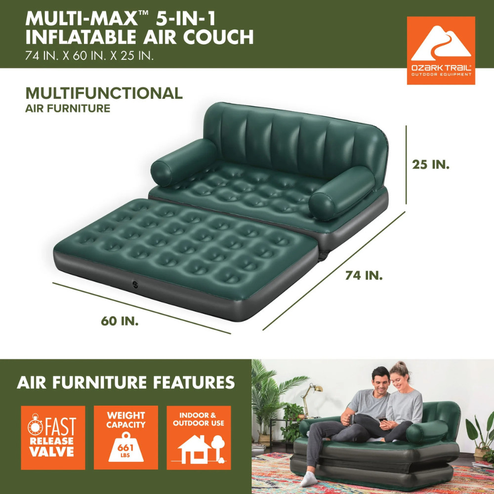 Ozark Trail Multi-Max 5-in-1 Inflatable Air Couch Queen Sofa Bed Sleeper Camping