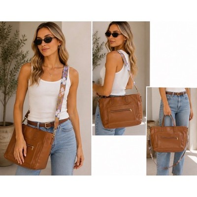 Erin Condren Brown Vegan Leather Tote Bag Floral Crossbody Strap Camel Gold HW