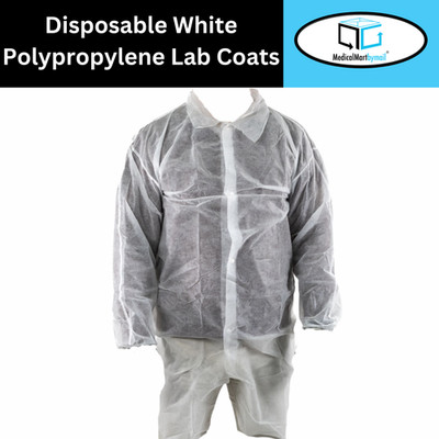 50 Pieces Polypropylene 30G Lab Coats, White, Elastic Wrists, 4 Snaps - Medium