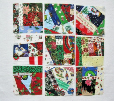 9 Crazy, crumb, pieced quilt blocks,  Christmas, red, green   8 1/2  inches,