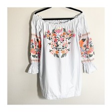 Free People Small Fleur du Jour Dress Embroidered Off The Shoulder Pockets Blue