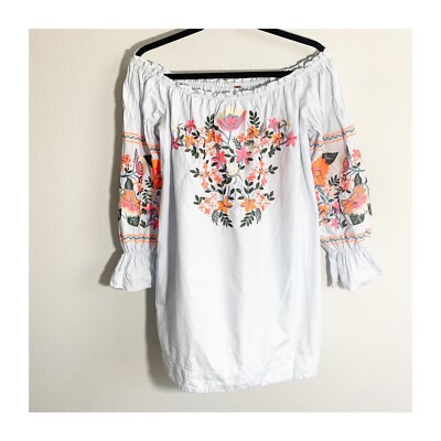 Free People Small Fleur du Jour Dress Embroidered Off The Shoulder Pockets  Blue | eBay