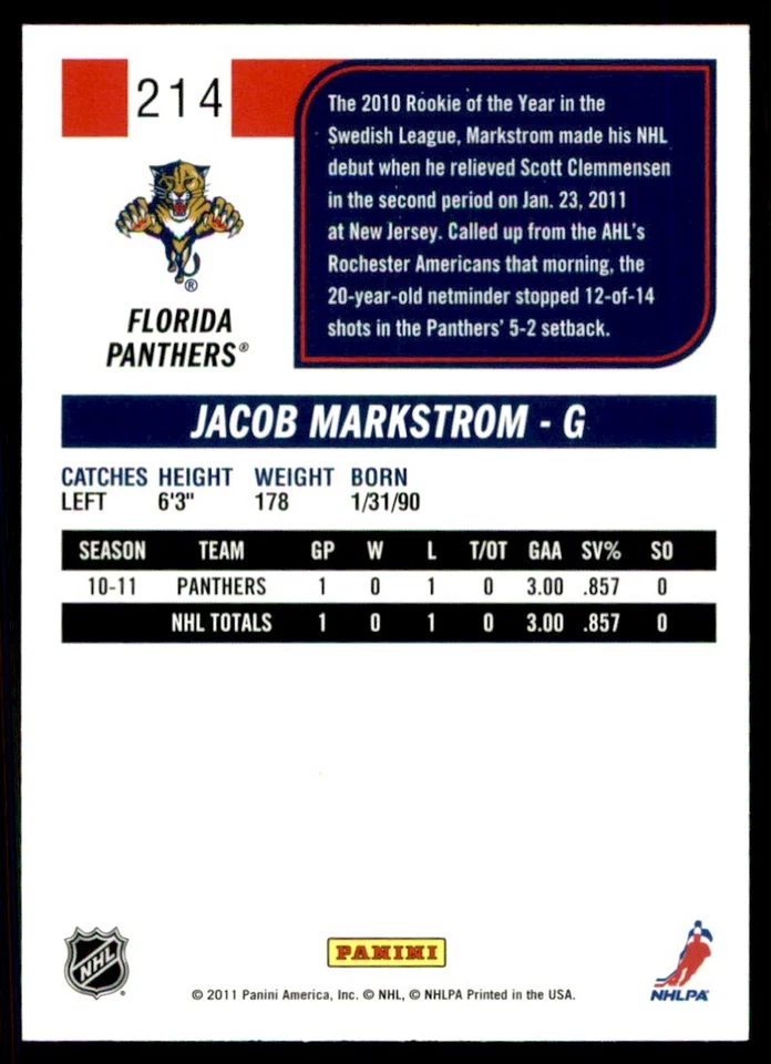 2011-12 Score Jacob Markstrom #214 - Image 2 of 2