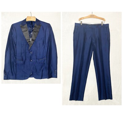 Giovanni Testi Mens Tuxedo Coat Jacket 42S & Pants 36S Blue Slim Fit Formal Suit
