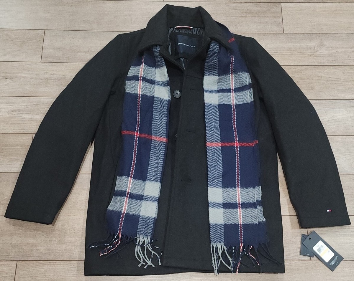NWT Tommy Hilfiger Mens Wool Melton Top Coat W/Scarf Size Small Black $275