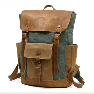 best canvas hiking backpack AUGUR High Capacity Vintage Made with waxed cotton canvas and crazy horse leather Hiking Backpack - Brown- Black-Green-Blue-White