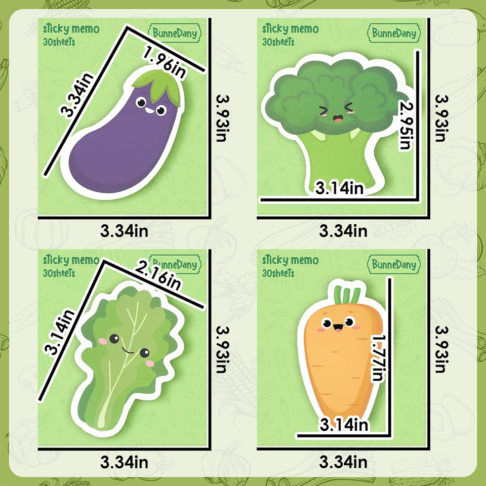 Set of 12 Novelty Vegetables Sticky Notes Funny Kawaii Food SelfStick