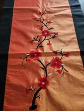 Cherry Blossom Table Runner Red Silk Floral  Embroidered  75" X 16.5" Orange Red