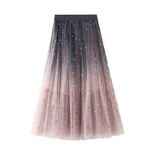 Women's Midi Star Shiny Waist Fairy Tulle Elastic Beach Soft Sequins Long Skirts
