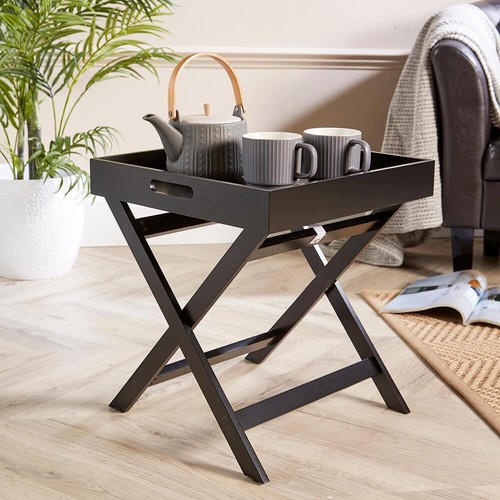 Folding Butlers Side Table Portable Wooden Food Serving Tray Drink Dinner Black - 第 1/6 張圖片