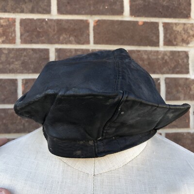 Vintage Harley Davidson Black Leather Captain Logo Biker Cap Hat