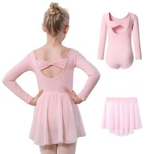 Long Sleeve Pink Girls Ballet Leotards with Removable Skirt Toddler Hollow Ba...