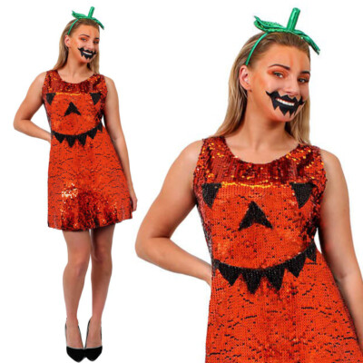 LADIES SEQUIN PUMPKIN DRESS COSTUME PARTY HALLOWEEN ORANGE BLACK FANCY DRESS  | eBay