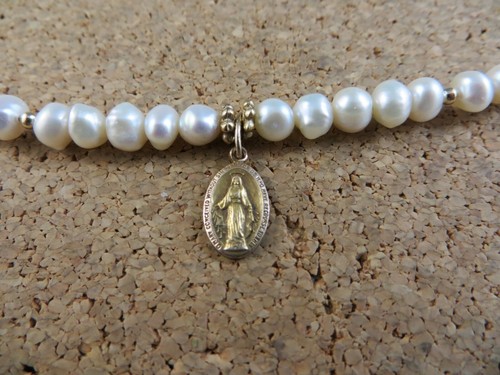 Genuine White Pearl 12k Gold Filled Tiny O Mary Pendant 16" Strand Necklace #518 - Picture 6 of 12