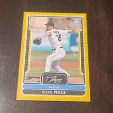 2023 Eury Perez Panini Three and Two Prospects Gold Parallel baseball card 7/25