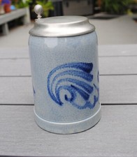 Vtg Marzi Remy German Salt Glazed Cobalt Blue Pottery Stein With Pewter Lid 0.5L