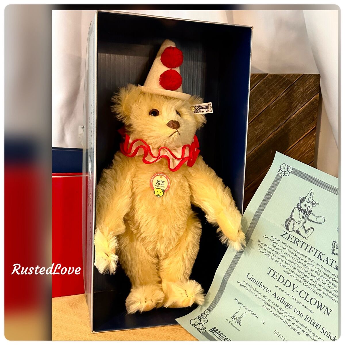 Steiff Teddy Clown Bear 1926 Replica Original Tags Box and Steiff Teddy Clown Bear 1926 Replica Original Tags Box and
