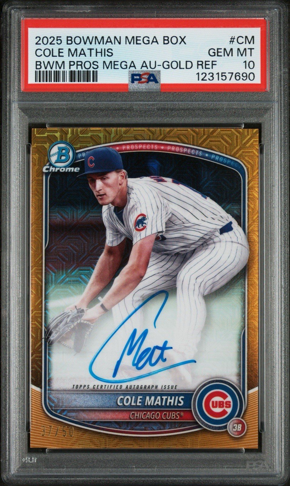 2025 Bowman Mega Box Prospect Auto Gold Refractor Cole Mathis 37/50 Pop 1