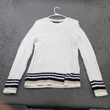 Tommy Hilfiger Sweater Womens Large White Cable Knit Stripe Crewneck Pullover
