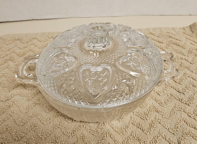 Crystal Candy Dish with Lid Vintage Heart Leaf 6'' Diameter A#13963