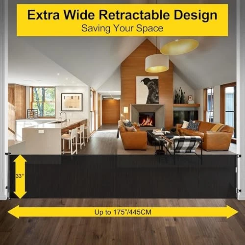 BINGGUZ 175" EXTRA WIDE RETRACTABLE BABY GATES OPENINGS 35" TALL MESH BLACK
