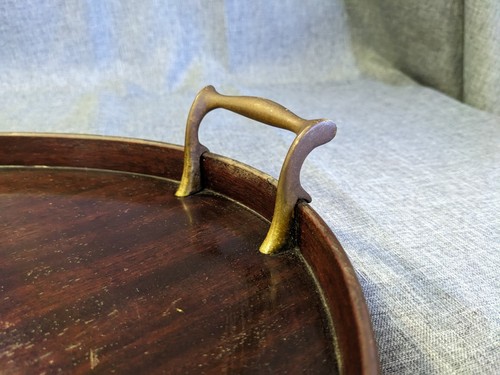 Antique EFS Oval Butler's Serving Tray Mahogany Inlaid Urn Brass Handles 14x24" - Picture 4 of 13