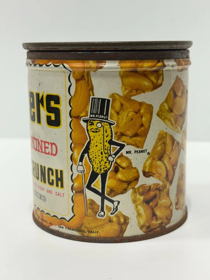VINTAGE 1940'S PLANTERS PEANUT 6 OZ. SALTED CASHEW CRUNCH TIN CAN W/ LID - Image 2 of 4