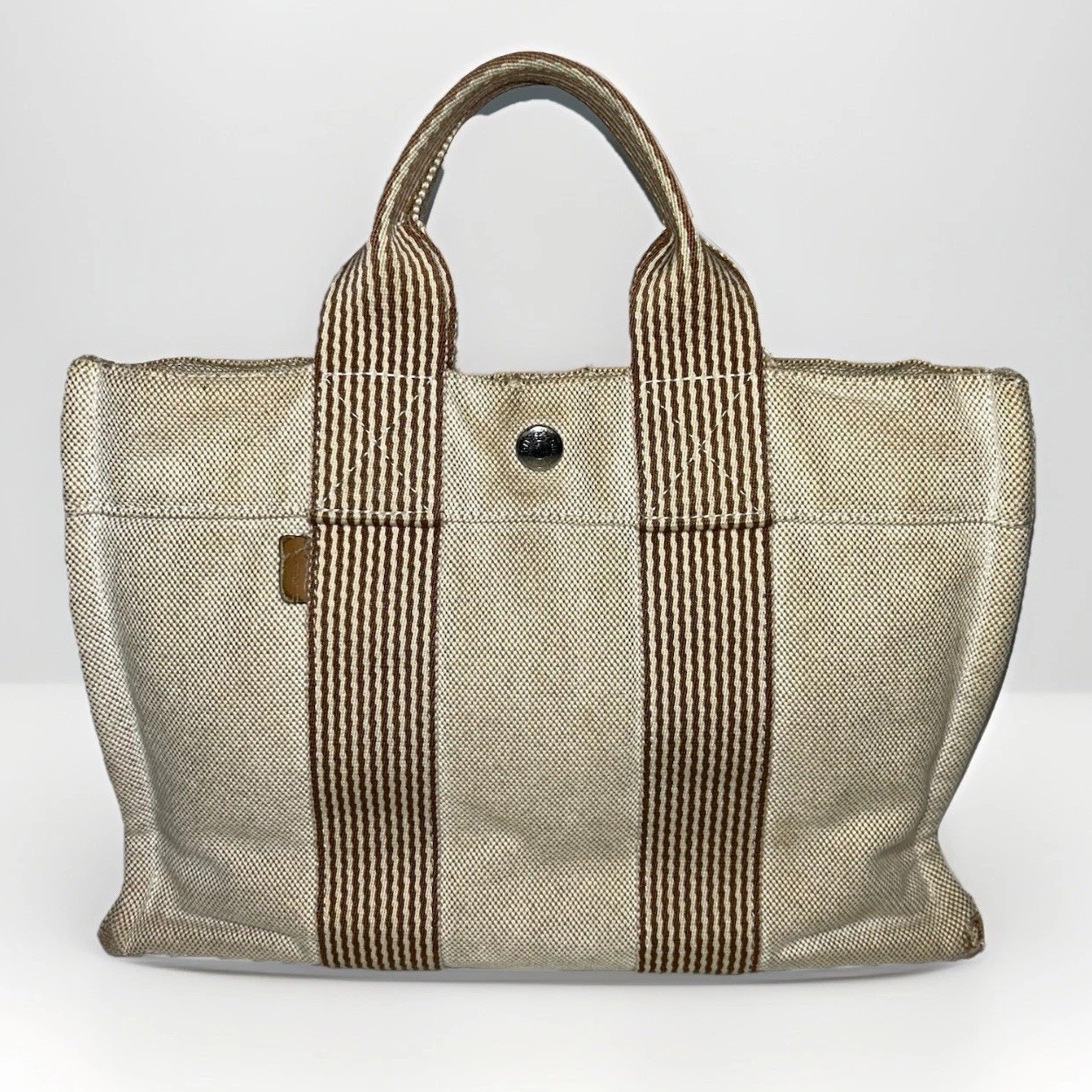 Hermes Toile Fourre-Tout PM Neutral Tote Bag H Canvas White Orange Handle Cotton