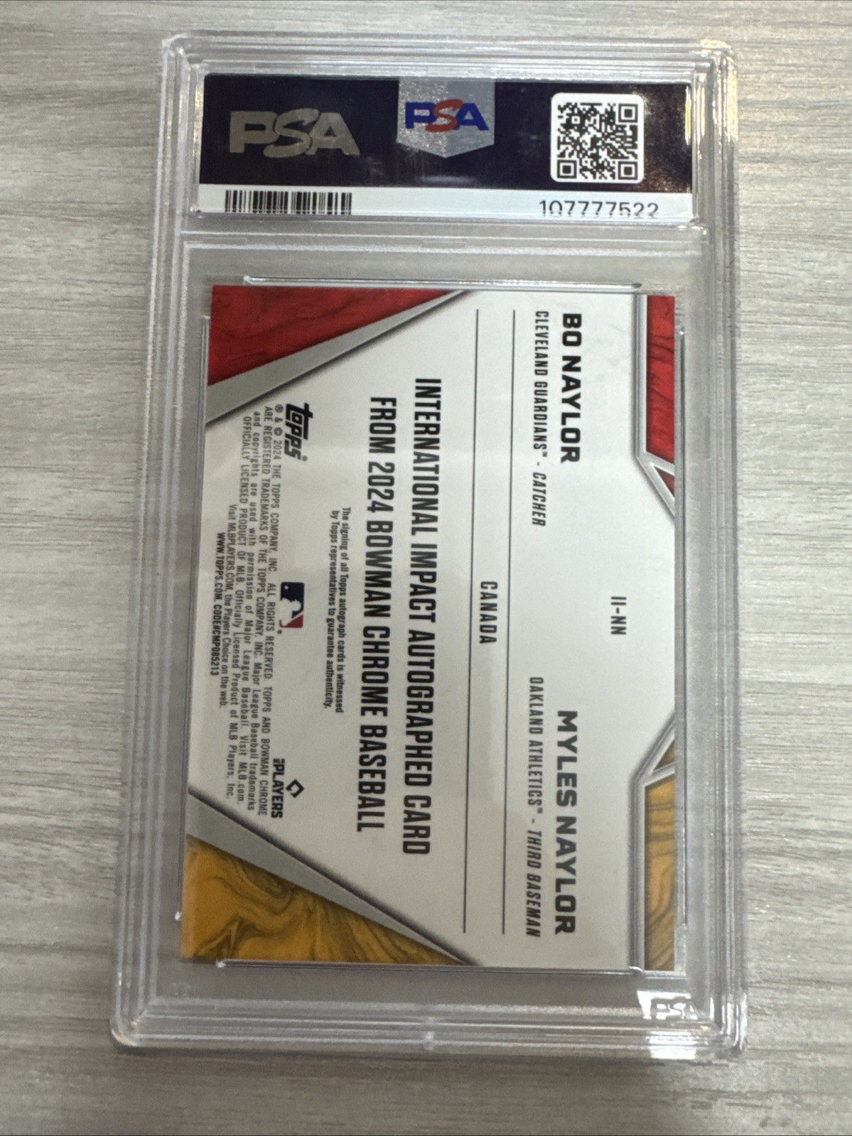 2024 Bowman Chrome Bo & Myles Naylor Dual Auto /25 PSA 9 International Impact view 2