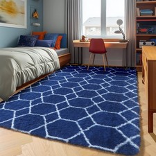Area Rugs for Bedroom Living Room, Washable 4X6 Fluffy Navy Blue and White Throw