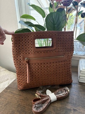 Joy Susan Cane Cut Out Brown Tan 2 Way Clutch Crossbody Bag Summer Market