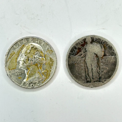 Lot of 2x 90% Junk Silver Quarters 1964 Washington & Standing Liberty No Date