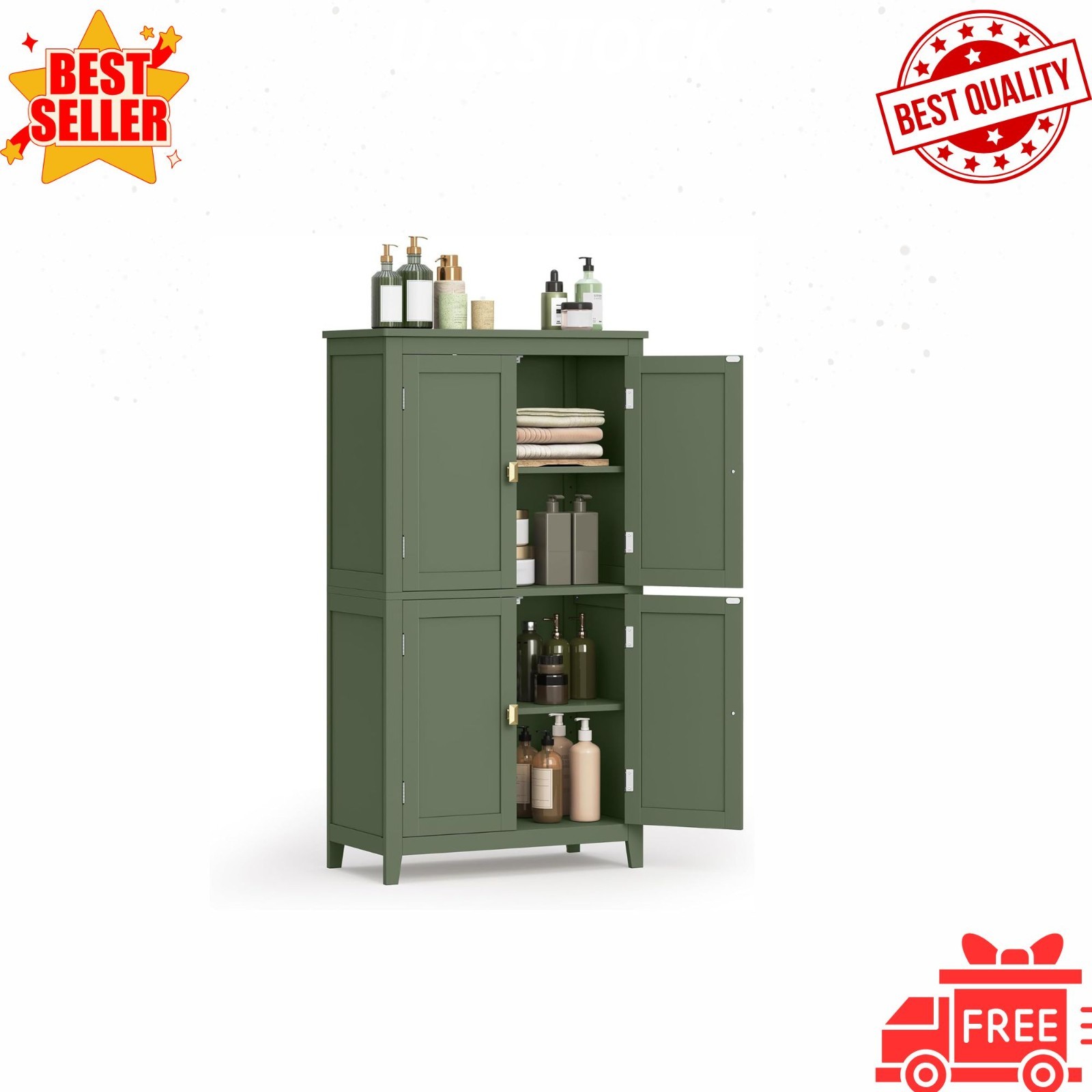 Floor Storage Cabinet Freestanding 4 Door Unit with Adjustable Shelves Green