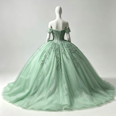 mint green sweet 16 dress Off Shoulder Glitter Tulle Quinceanera Ball Gown truefit:root:fluorescents-halter-mini-dress-green