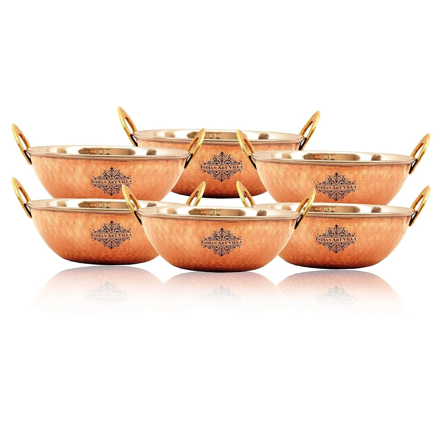 Set of 6 Hammered Design Steel Copper Serving Small Kadhai Wok Bowl 450ML
