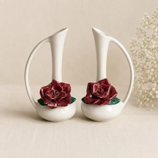 Vintage Red Ceramic Bud Vase Pair Mid Century Ewer Vases Cottage Decor