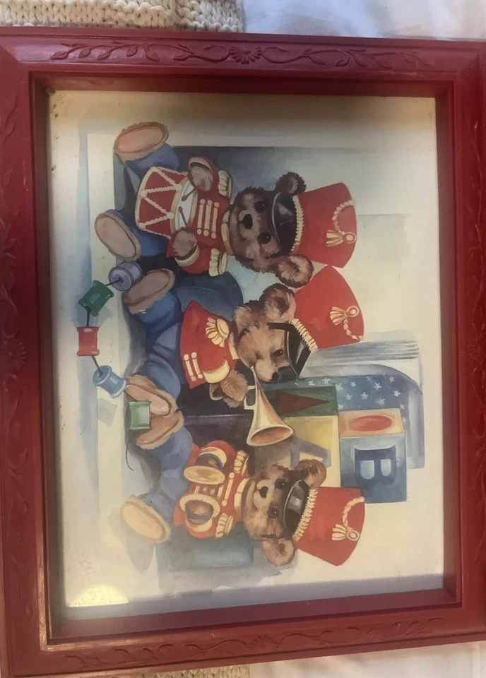 Oso de peluche vintage niños guardería estampados 2 con marcos rojos de colección C Hansen Foto 2 de 4