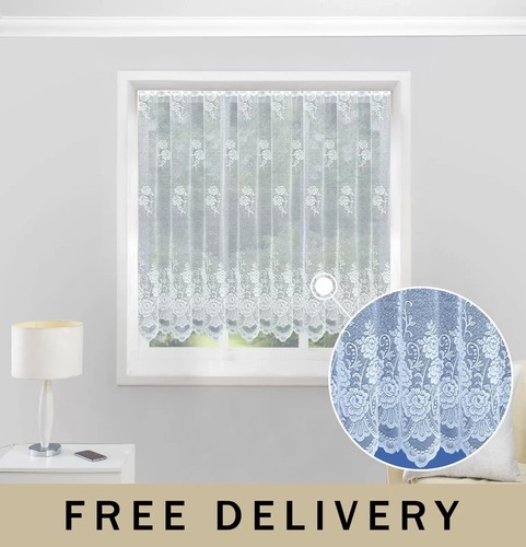 Chicago White Lace Net Floral Cotton Look Curtain Sold by the Metre 10 Drops - Picture 2 of 4