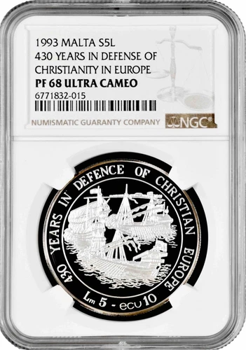 Malta 5 liri 1993, NGC PF68 UC, "430th Anniver. - Defence of Christian Europe"