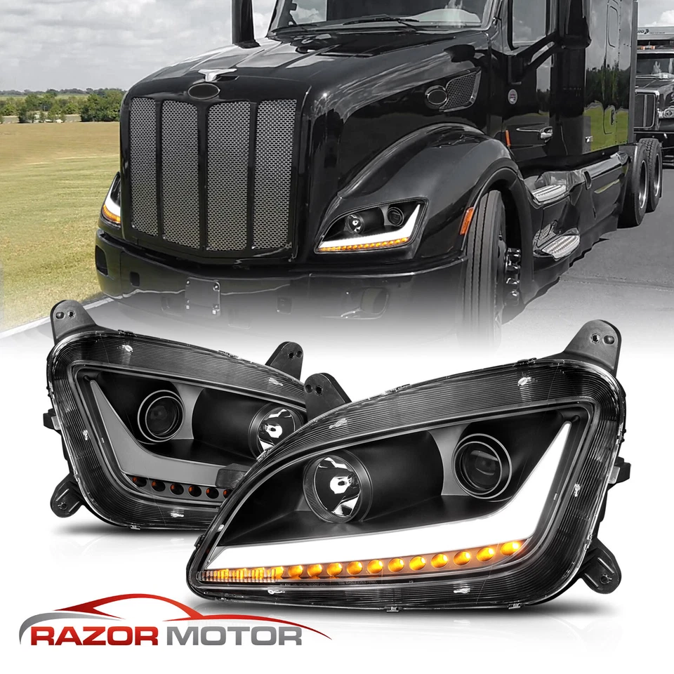 For 11-19 Peterbilt 579 587 LED Bar Signal Projector Black Headlights Pair - Imagem 2 de 4